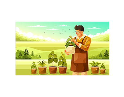 Young Gardener Taking Care of Plants Illustration