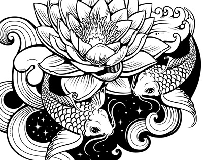 Artistic illustration of koi carps in tattoo style