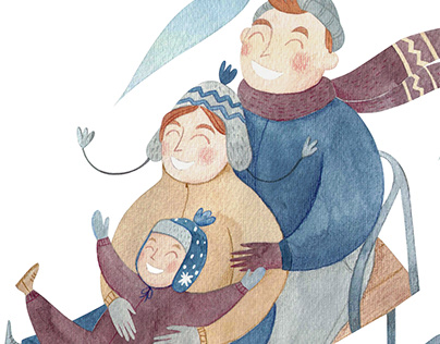 A family on a winter walk illustration and postcards