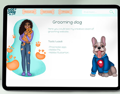 Grooming dog salon. Landing page with funny dog designs