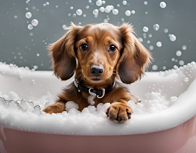 Beagle-Welpe badet in einer Badewanne mit Schaum