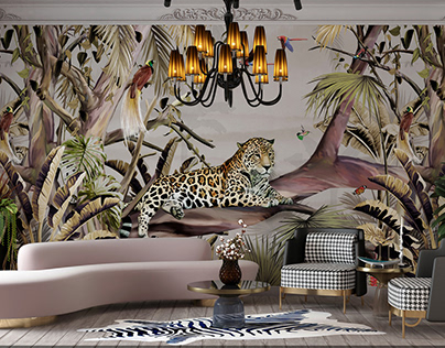 Living room design wall painted a leopard in the jungle