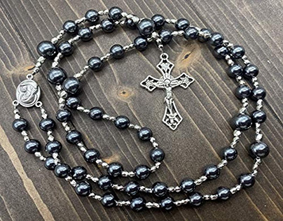 Catholic Black Hematite Beads Rosary Necklace