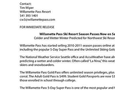 Press Release Willamette Pass