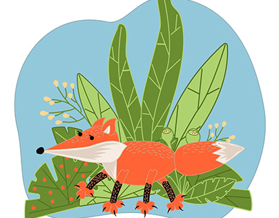 Cute fox in cartoon style and green vegetation