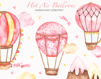 Hot air balloon pink watercolor