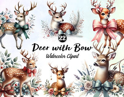 Deer with Bow Watercolor Clipart