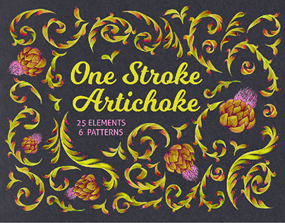 Artichoke collection in unique technique one stroke