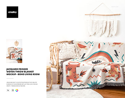 Jacquard Woven Blanket Mockup Set - Boho Living Room