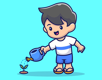 Cute Kid Boy Watering Plant