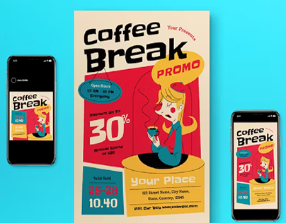 Red Mid Century Coffee Break Promo Flyer Set