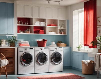 Vivid Laundry: White Walls, Blue & Red Lights"