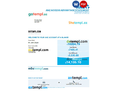 Australia ANZ bank statement, Word and PDF template