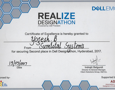 Second Award in Dell Designathon, Hyderabad, 2017