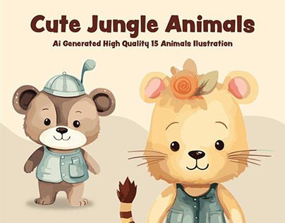 Watercolor cute jungle animals cartoon illustration