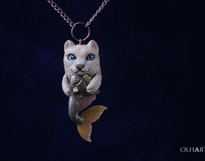 Cat Mermaid Pendant, Handmade of Polymer Clay