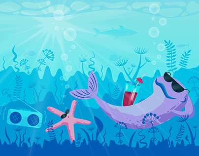 Illustration fish and starfish sunbathe underwater