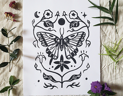 Butterfly With Flowers Blockprint