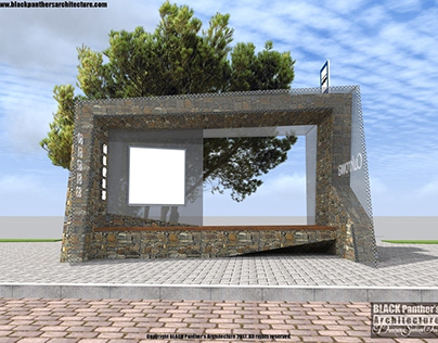 modern bus shelter - gabion and photovoltaic glass