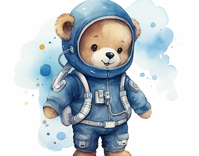 Watercolor Cute Bear in astronaut suit