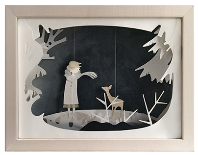 By a Thread (Girl & Fawn). Paper-cut illustration.