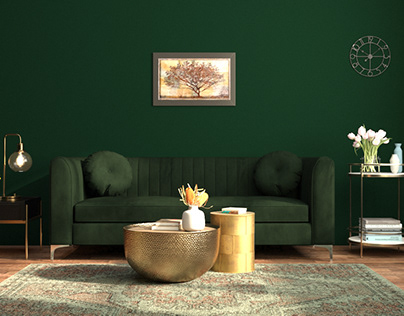 3D Interior of modern living room with green couch