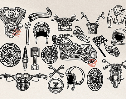 Hand Drawn Motor Bike Vintage Element Set