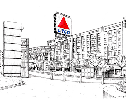 Freehand drawing commission of Kenmore Square in Boston