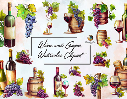 Wine and Grapes Watercolor Bundle