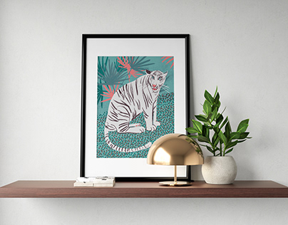 White tiger poster on turquoise and pink background
