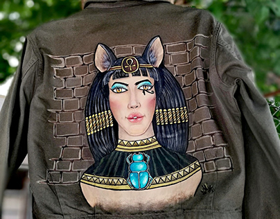 Egyptian Goddess Bastet Hand Painted Denim Jacket