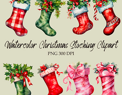 Watercolor Christmas Stockings Clipart