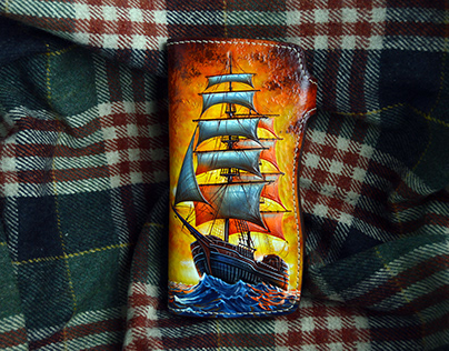 Sailboat. Long hand-tooled wallet