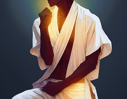 Young man kneeling in robes. Created using AI