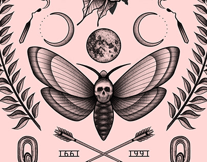 Tattoo Flash, skull moth, rose eye, moon