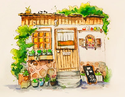 Watercolor sketch of small garden
