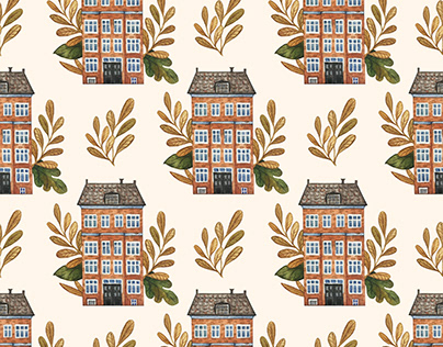 Pattern with watercolor house