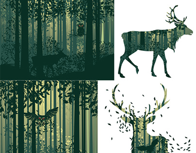 Deer and Abstract Forest Landscape