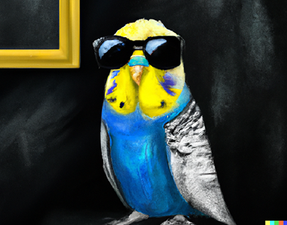 Painting of a budgie with sunglasses