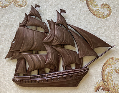 Bas-relief Sailing Frigate. Antique Metal Style. Décor.