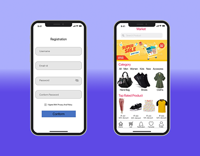 E-Commerce app home and registration screen