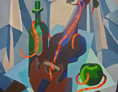 STILL LIFE WITH VIOLIN AND WORMS. ACRYLIC PAINTING.