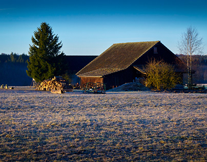 solitary barn on a cold winter morning