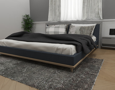BLUE BED AND WOOD PANEL