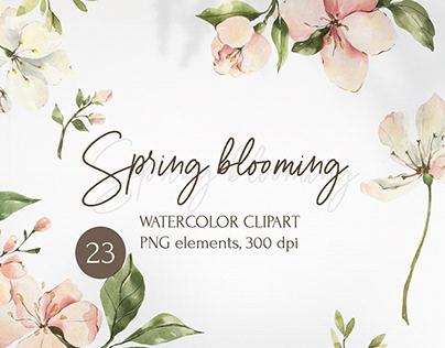 Watercolor Spring blooming clipart. Apple blossom.