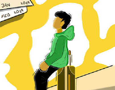 A boy sitting on luggage watching toward calendar.