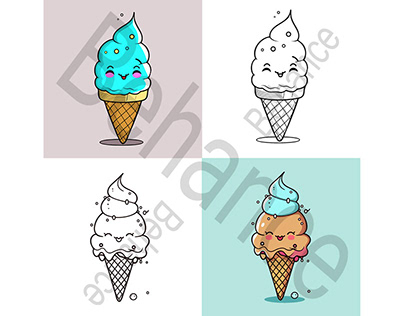 Cute Ice Cream Cartoon line art vector Icon illustratio
