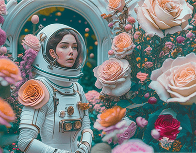 Girl of the future in a spacesuit in a garden in space