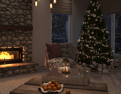 Festive and cozy visualization of a house in the woods.