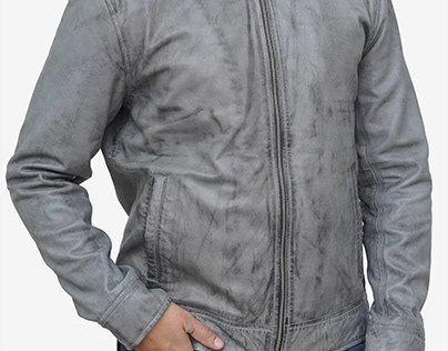 Men's Grey Bomber Leather Jacket
